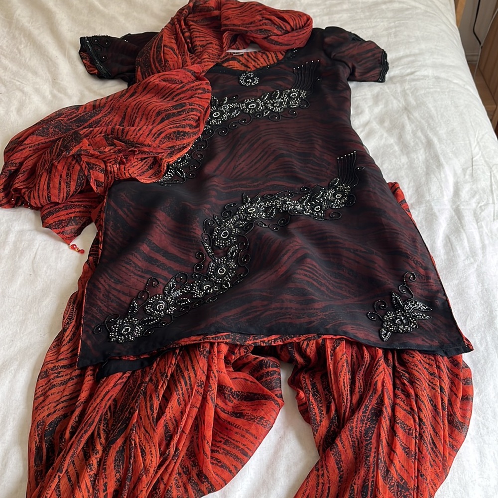 Silk Punjabi pantsuit set, beaded top and shawl